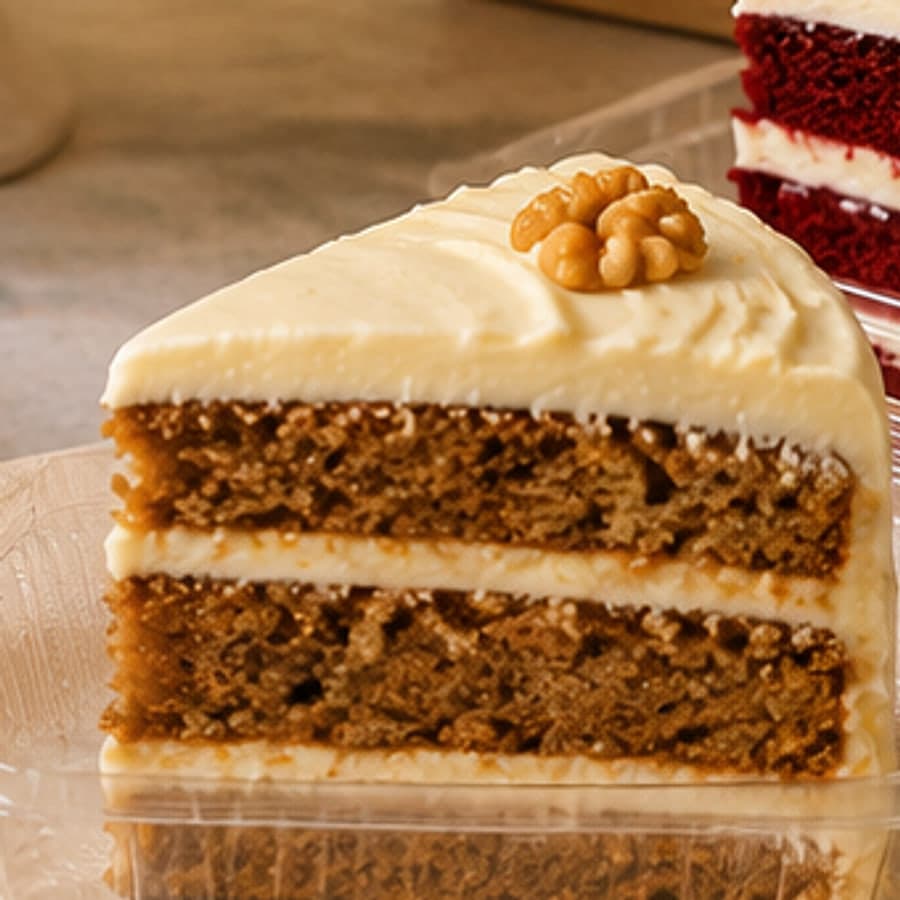 Porción de carrot cake con frosting de queso crema y nuez sobre la superficie