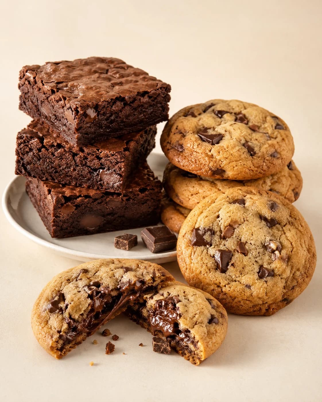 Brownies americanos apilados con la superficie craquelada y trozos de chocolate visibles, junto a cookies con chips