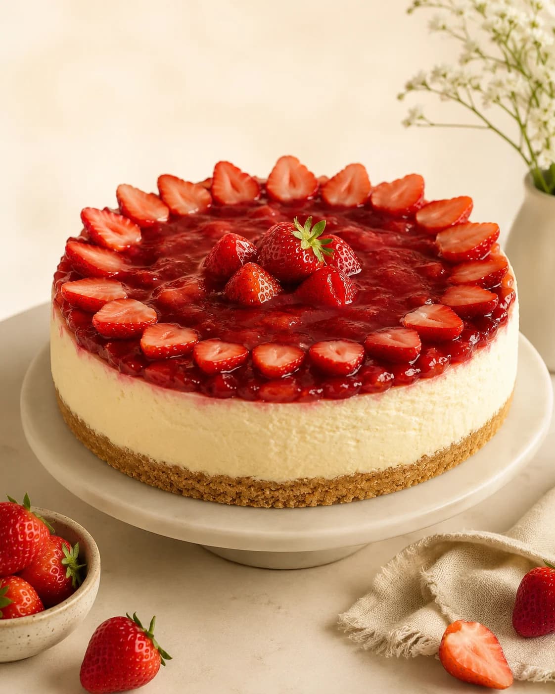 Cheesecake de fresa sobre base de galleta, con salsa de fresa y fresas frescas cortadas alrededor del borde