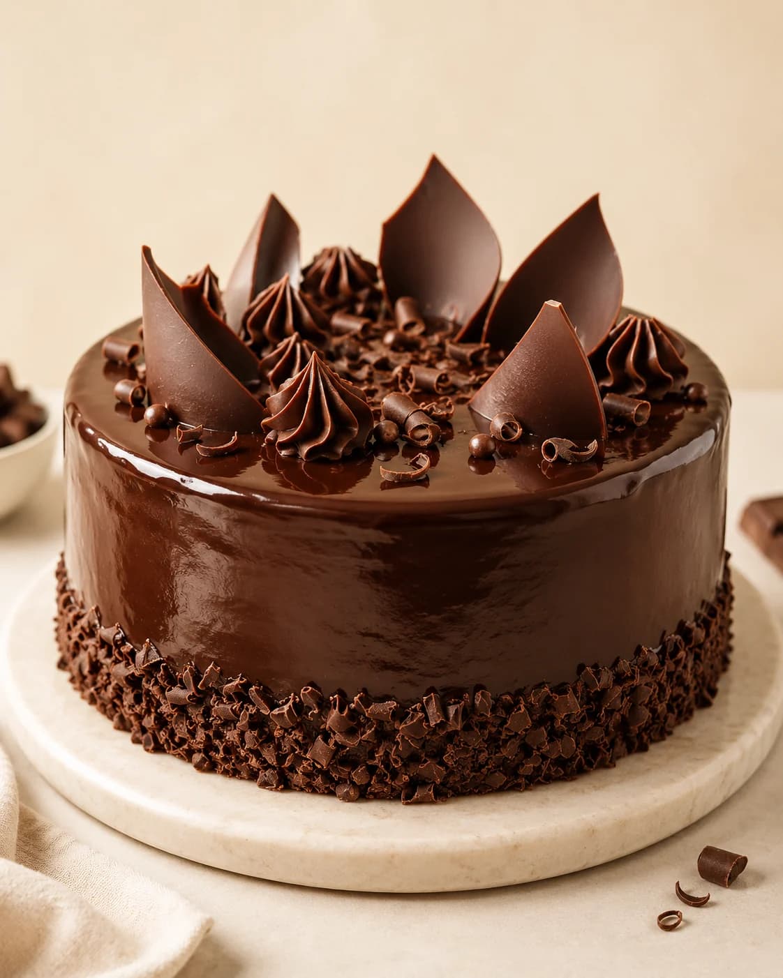 Torta Choco Sublime cubierta de ganache brillante, con rosetones de chocolate y virutas alrededor de la base
