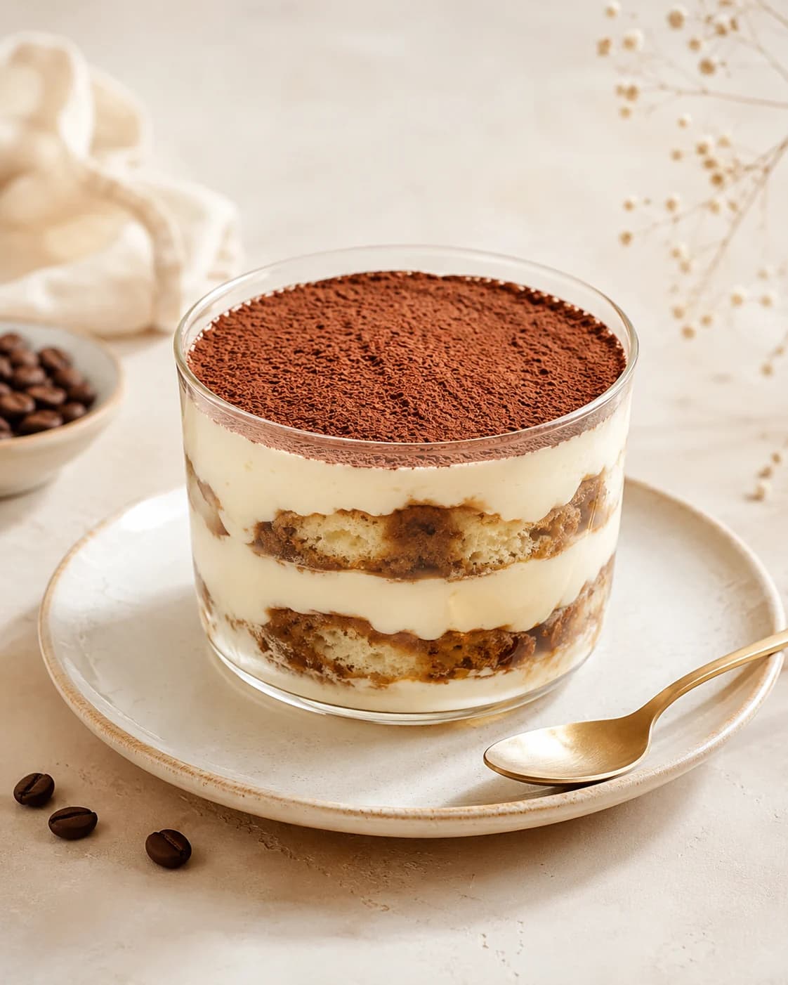Tiramisú en vaso de vidrio con capas de bizcocho embebido en café y crema de mascarpone, cubierto con cacao en polvo