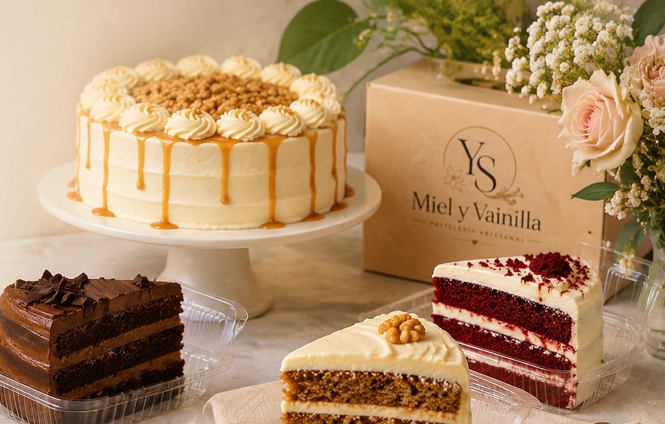 Selección de postres artesanales de Miel y Vainilla: torta con crema y manjar, porciones de chocolate, carrot cake y red velvet junto a la caja de regalo de la marca
