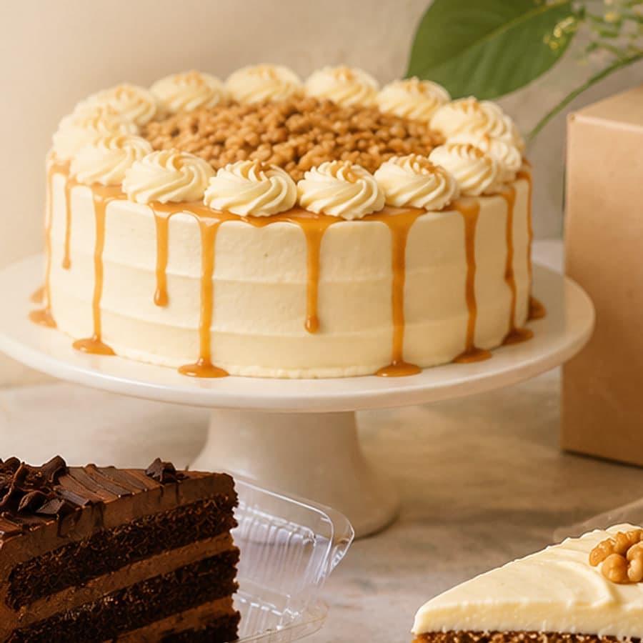 Torta artesanal de Miel y Vainilla cubierta con crema, hilos de manjar y crocante, presentada sobre un pedestal de porcelana