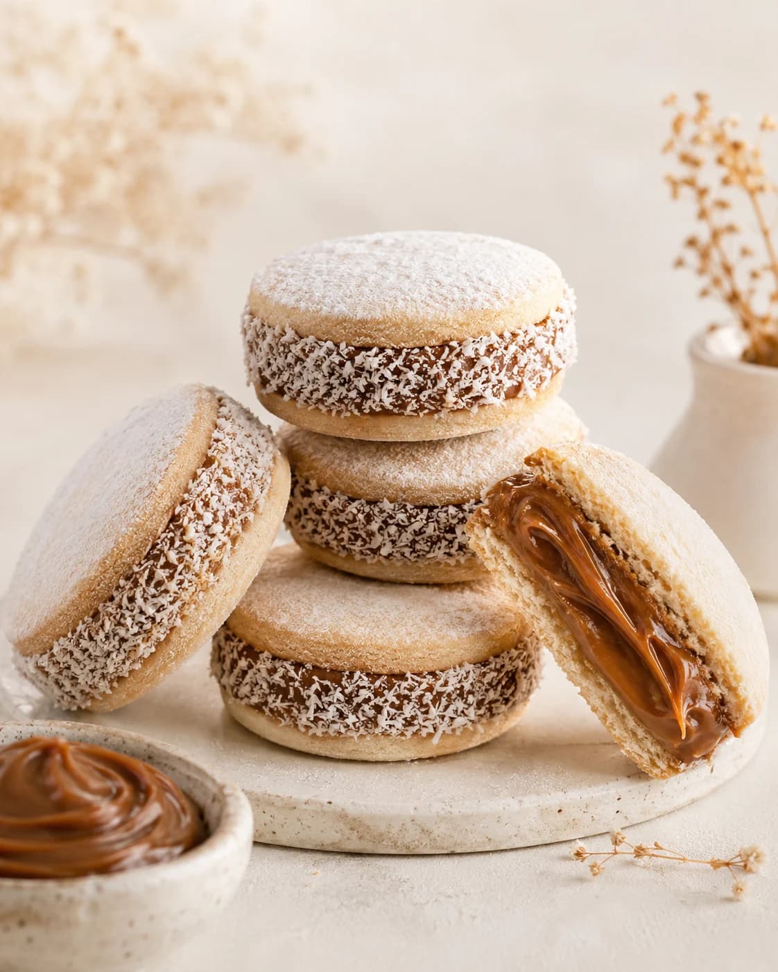 Alfajores artesanales rellenos de manjar de olla, con el borde cubierto de coco rallado y espolvoreados con azúcar impalpable
