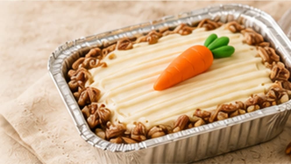 Carrot cake individual con frosting de queso crema, borde de pecanas y una zanahoria decorativa al centro
