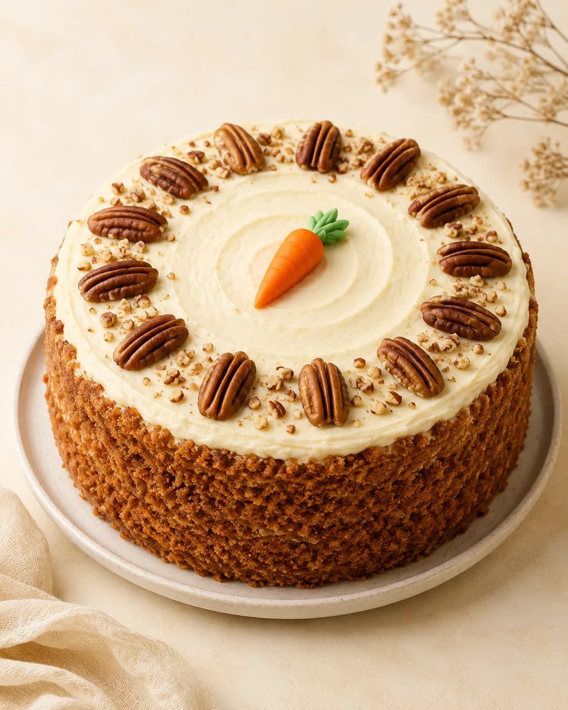 Carrot Cake con frosting de queso crema, corona de pecanas enteras y una zanahoria decorativa al centro