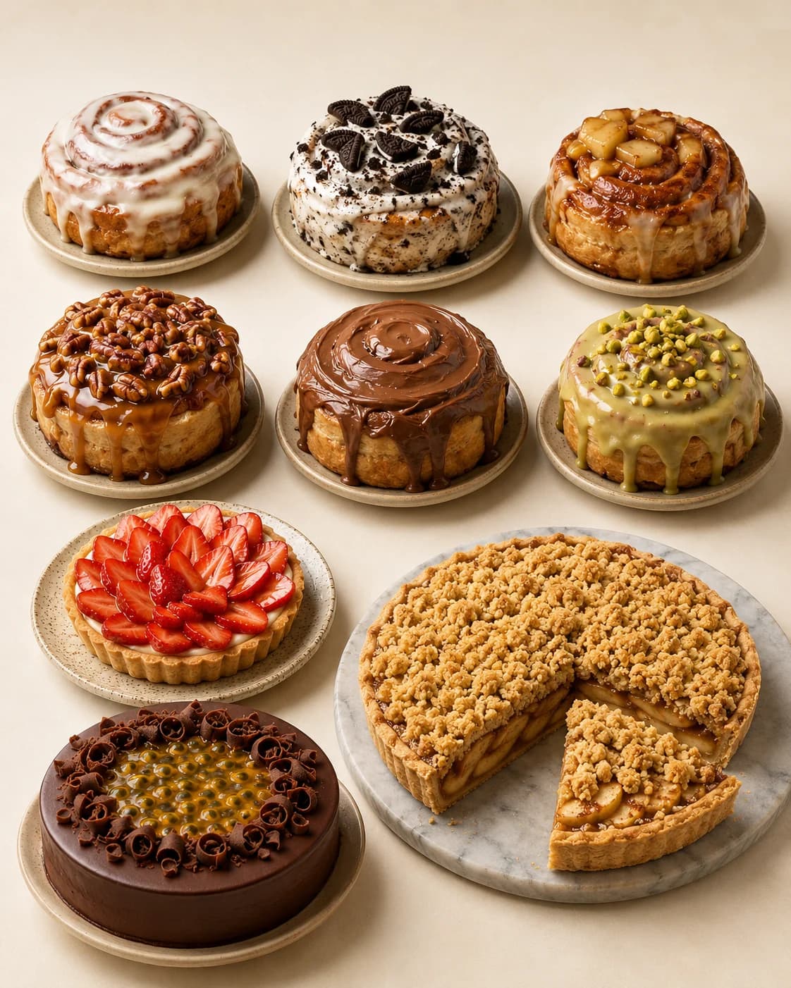 Selección de postres artesanales de Miel y Vainilla: rollos de canela, tartaletas y pies, como imagen referencial del catálogo