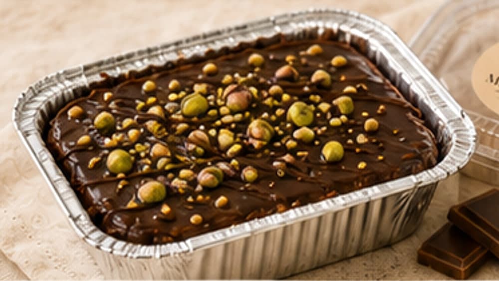 Keke de chocolate cubierto con crema y trozos de pistacho en presentación individual de Miel y Vainilla