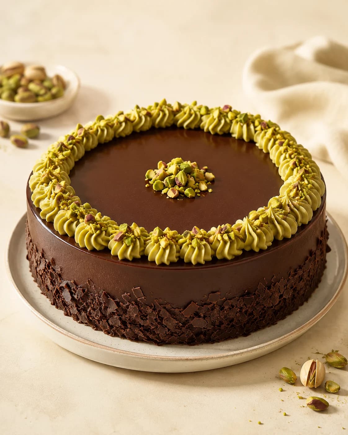 Torta Choco Pistacho con cobertura de chocolate, corona de crema de pistacho y pistachos troceados al centro