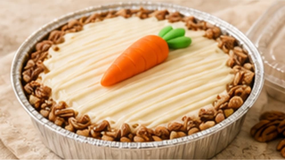 Molde redondo de carrot cake con frosting de queso crema, pecanas alrededor y una zanahoria decorativa al centro