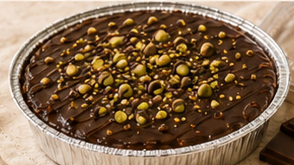 Molde redondo de keke de chocolate decorado con crema y pistachos de Miel y Vainilla