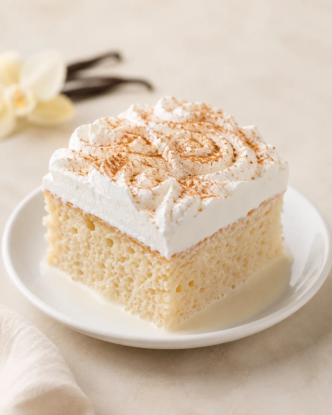 Porción de tres leches con crema batida decorada en espiral y espolvoreada con canela, servida en plato blanco